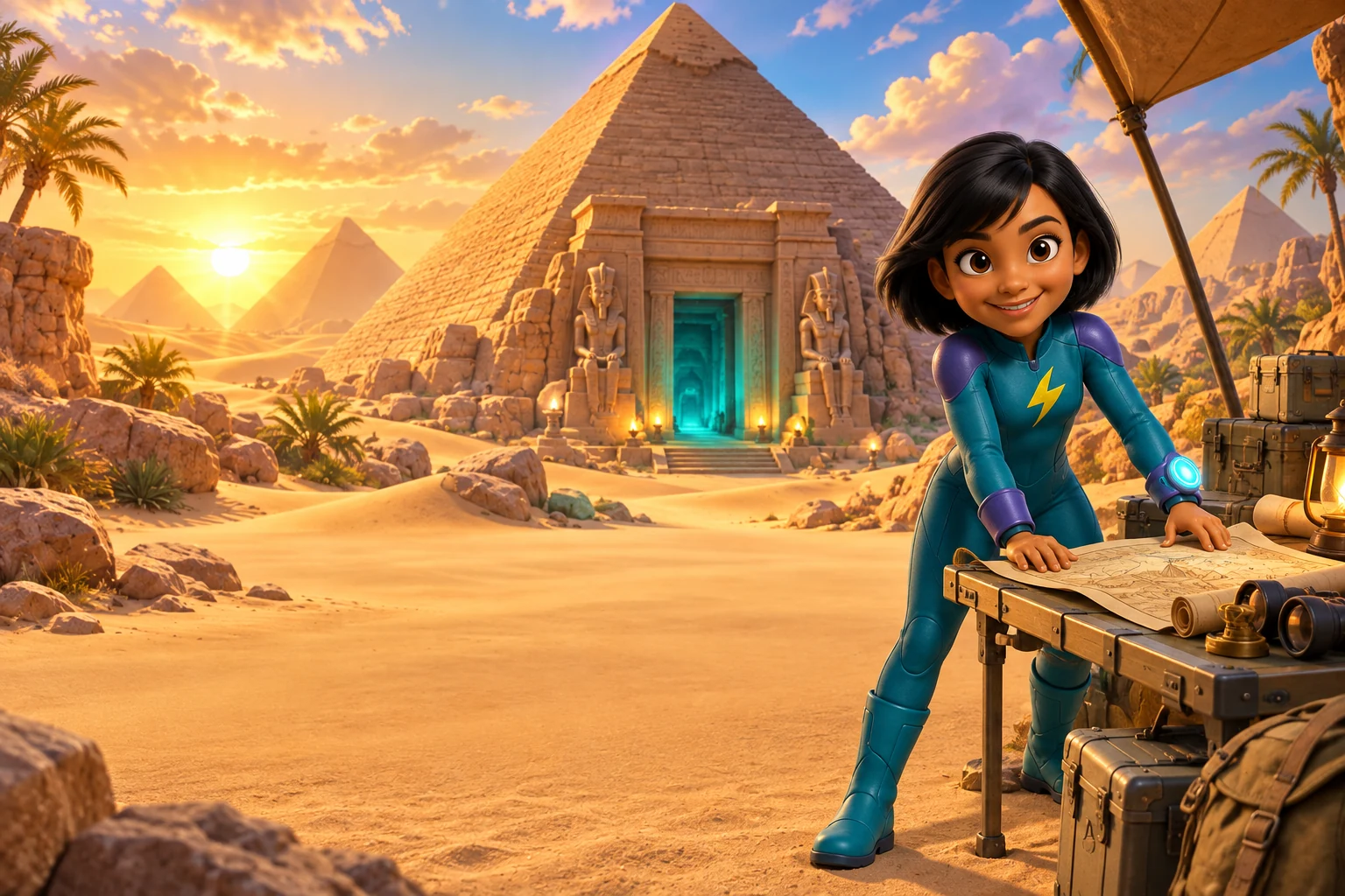 Blaze surveys a fictional pyramid at dawn.